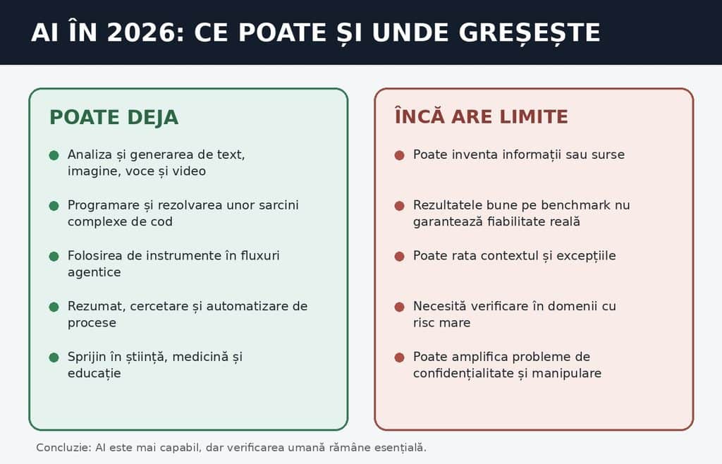  Infografic despre ce poate face inteligența artificială în 2026 și care sunt principalele sale limite