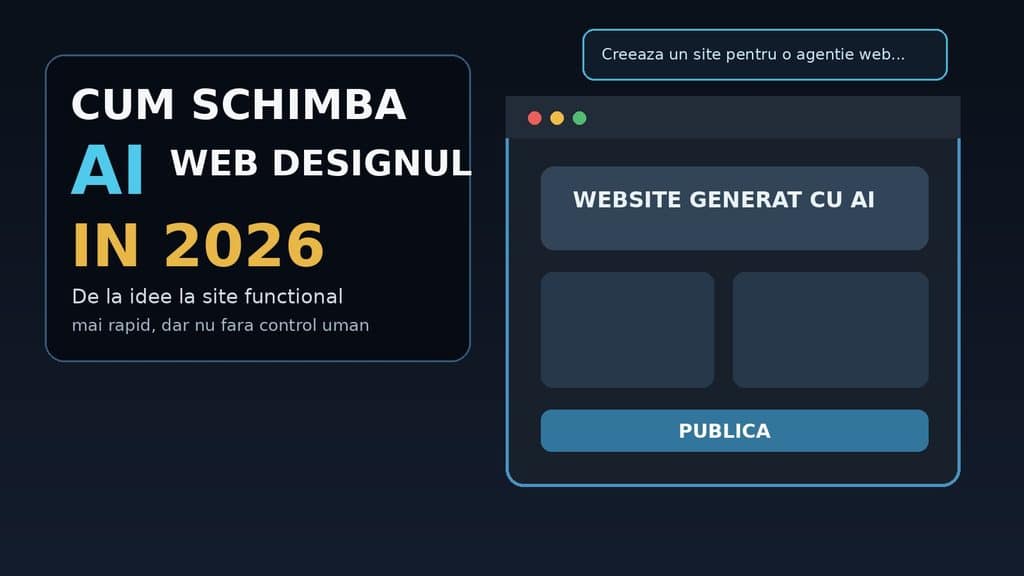  Inteligență artificială folosită pentru web design în 2026, cu interfață de site generată dintr-un prompt