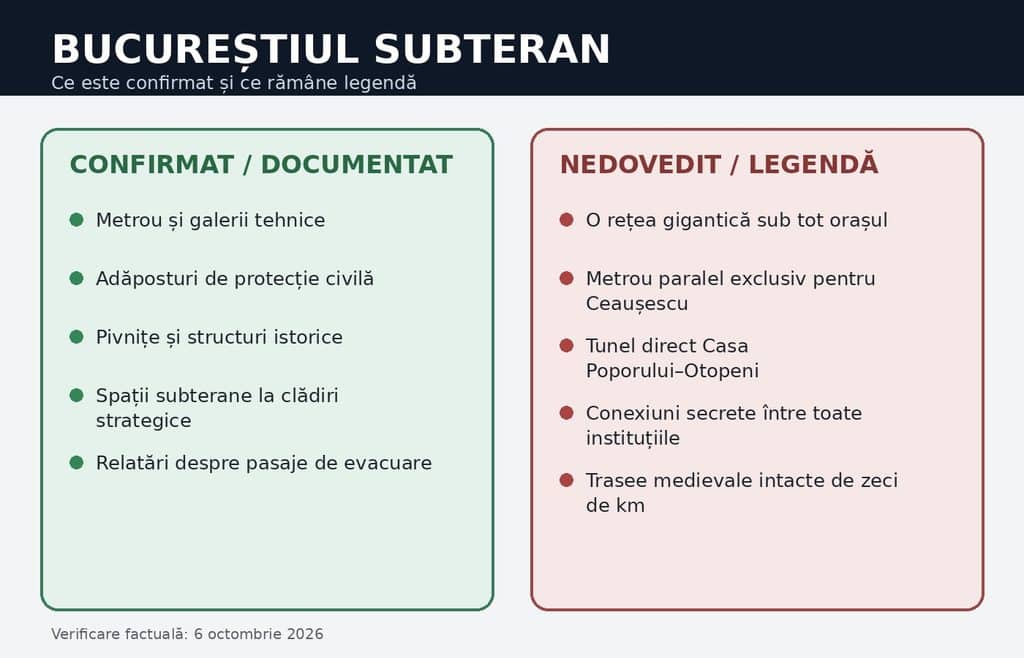 Infografic care compară elementele confirmate ale Bucureștiului subteran cu legendele nedovedite
