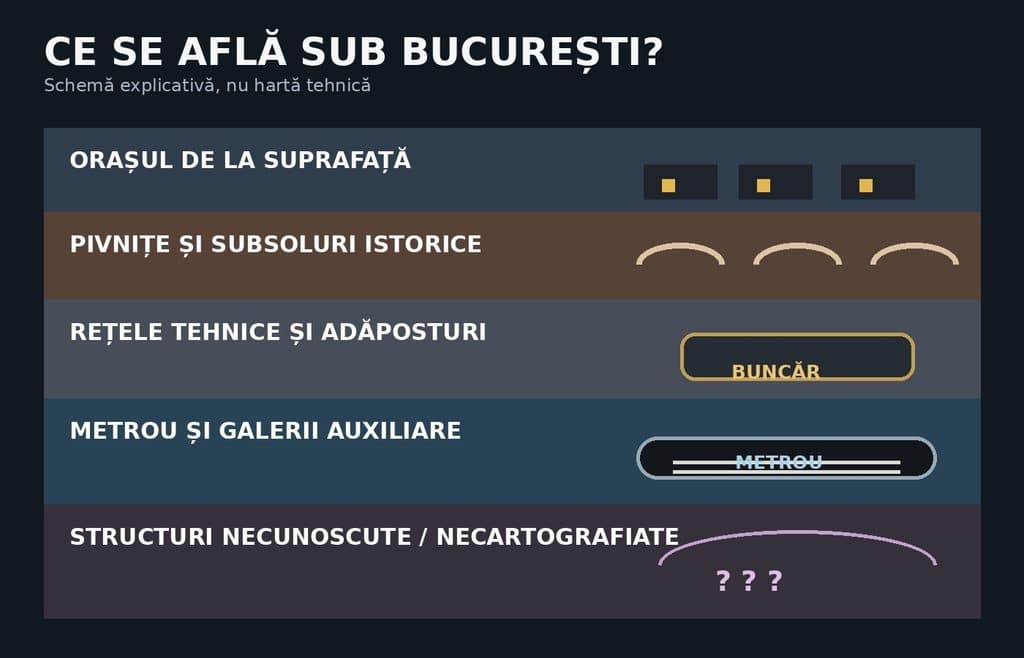 Schemă cu straturile subterane ale Bucureștiului: pivnițe, adăposturi, rețele tehnice și metrou