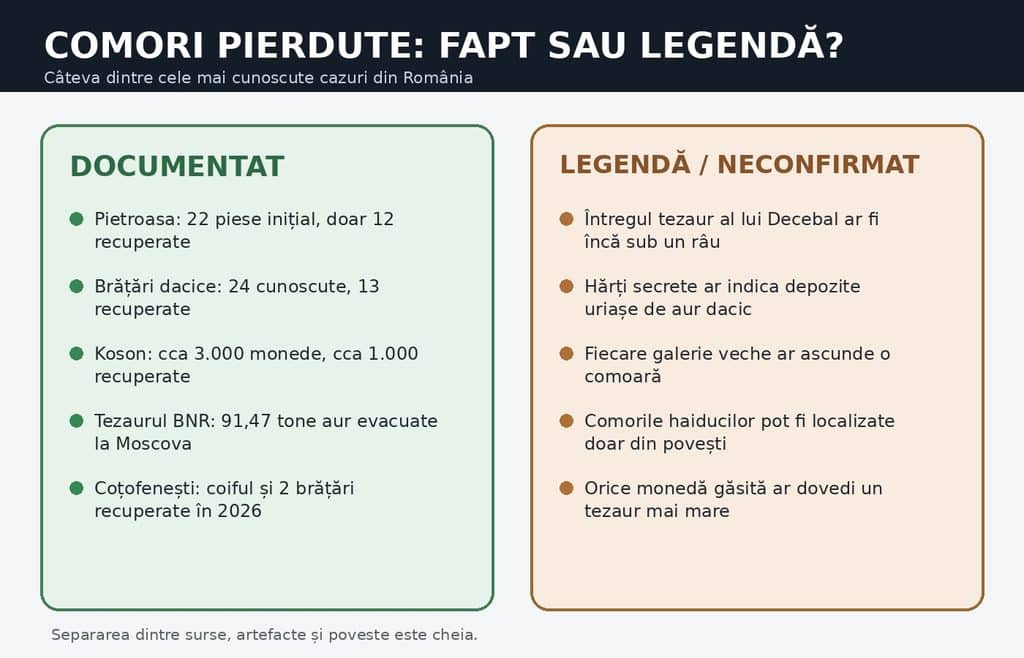 Infografic despre comorile pierdute ale României care separă cazurile documentate de legende
Legendă
