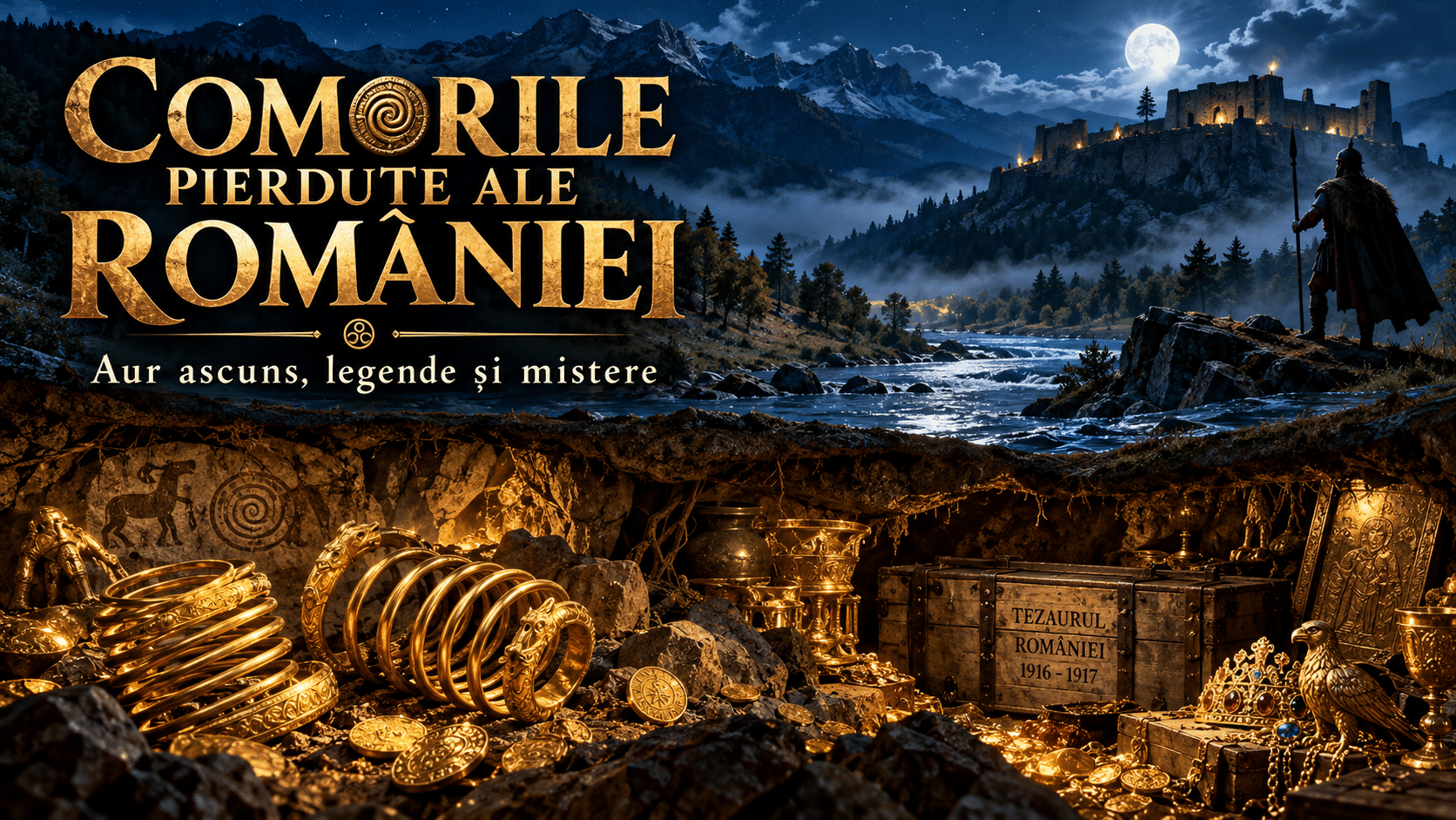 Comorile pierdute ale României, cu aur dacic, brățări, tezaure istorice și legende despre comori ascunse Legendă imagine Comorile pierdute ale României reunesc aur dacic, tezaure dispărute, povești istorice și mistere care continuă să fascineze.