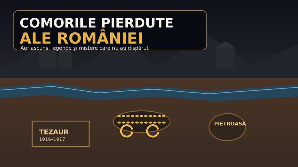 Ilustrație editorială despre comorile pierdute ale României, cu aur dacic, un râu și tezaure ascunse Legendă