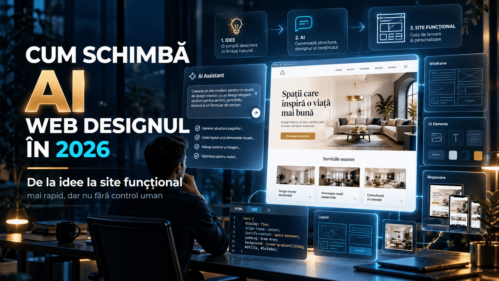 Inteligență artificială folosită în web design în 2026, cu interfață de site generată dintr-un prompt și elemente de design web