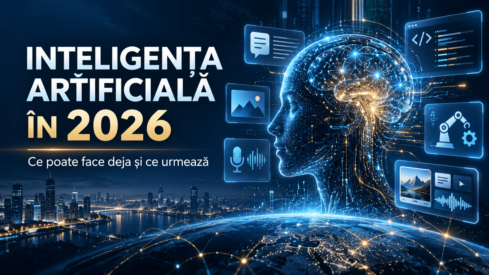 Inteligența artificială în 2026, reprezentată printr-un creier digital, cod, voce, imagini, automatizare și agenți AI
