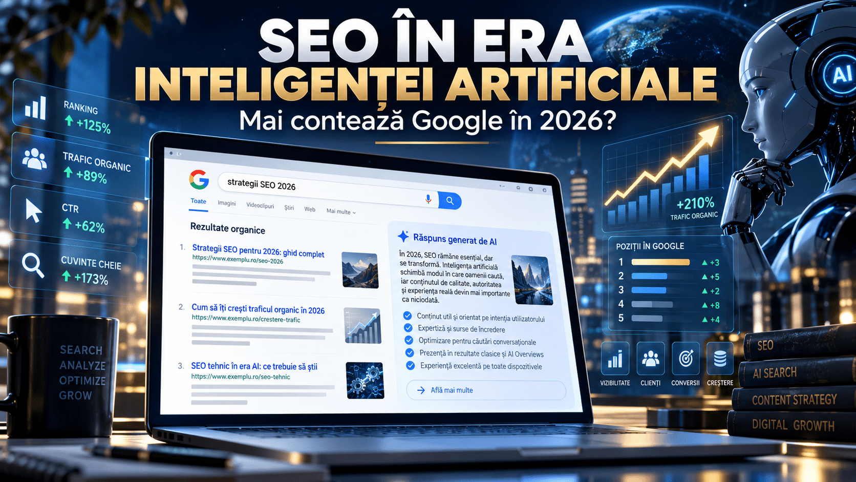 SEO în era inteligenței artificiale în 2026, cu Google Search, AI Overviews, rezultate organice și analiză de trafic
