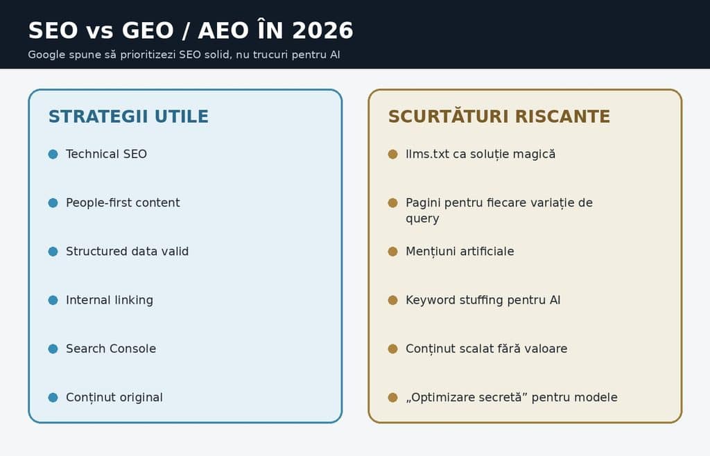 Comparație între practicile SEO recomandate și scurtăturile GEO sau AEO riscante în 2026