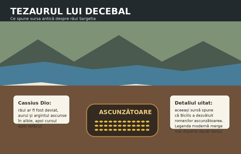 Schemă ilustrată a legendei tezaurului lui Decebal ascuns sub râul Sargetia
Legendă: