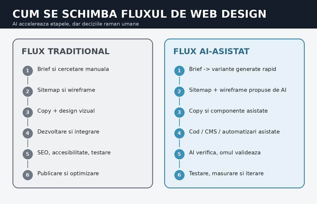 Comparație între fluxul tradițional de web design și un flux de web design asistat de inteligență artificială
